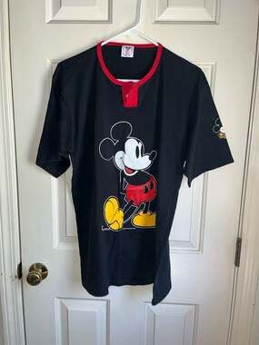 Vintage Disney Wear Mickey Mouse Henley Ringer T-Shirt Black Red Size L Made in